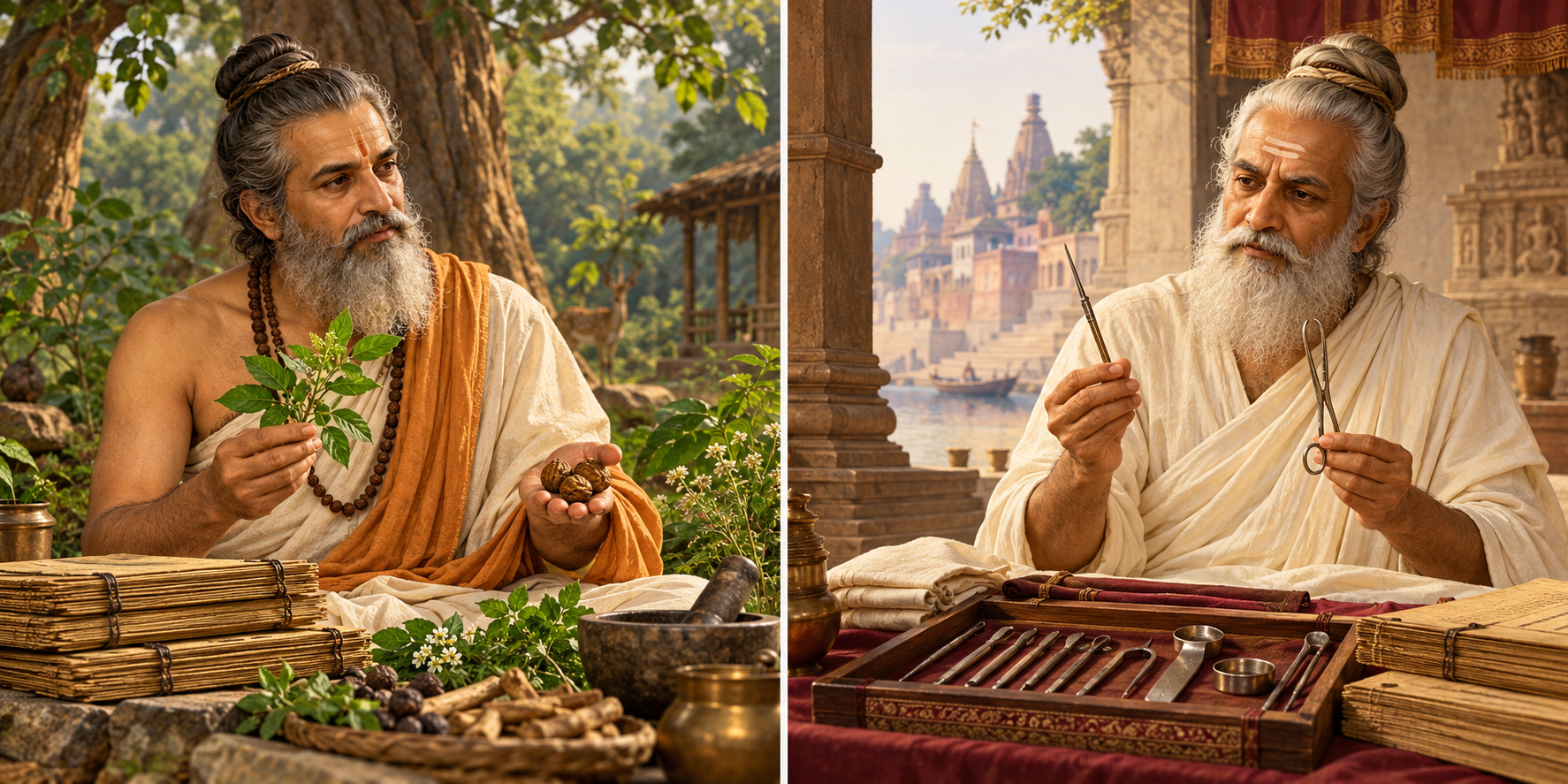कल्पित भावचित्र: बाईं ओर चरक औषधीय वनस्पतियों के साथ; दाईं ओर सुश्रुत शल्य उपकरणों के साथ